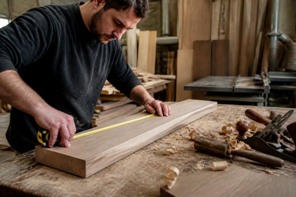 A professional joiner in a workshop measuring a timber stair tread with a tape measure, wood shavings and tools nearby