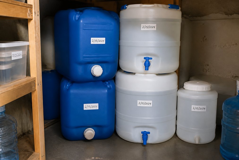 Close-up of food-grade water storage containers in various sizes stacked in a cool, dark storage area with date labels visible on containers