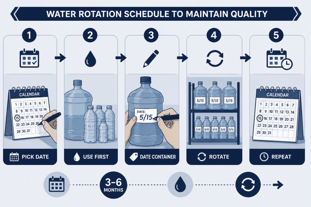Hands marking a calendar and date label on water containers, showing the rotation and dating process for emergency water storage