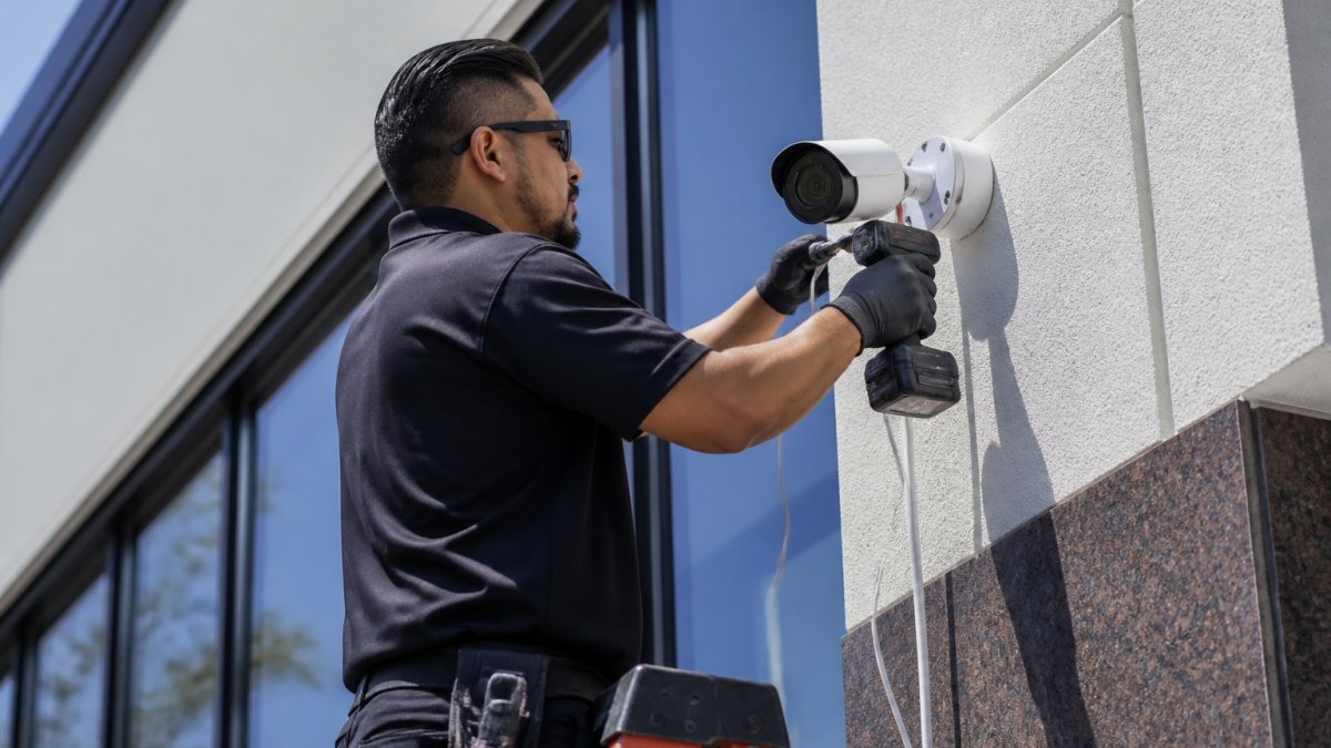 Professional technician in a branded uniform mounting a security camera on an exterior wall of a commercial building, using a drill with cables visible, bright daylight