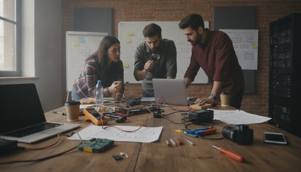 A small marketing team of three people gathered around a laptop in a modern open office, two team members pointing at the screen while one types, bright natural lighting and a whiteboard with notes visible in the background
