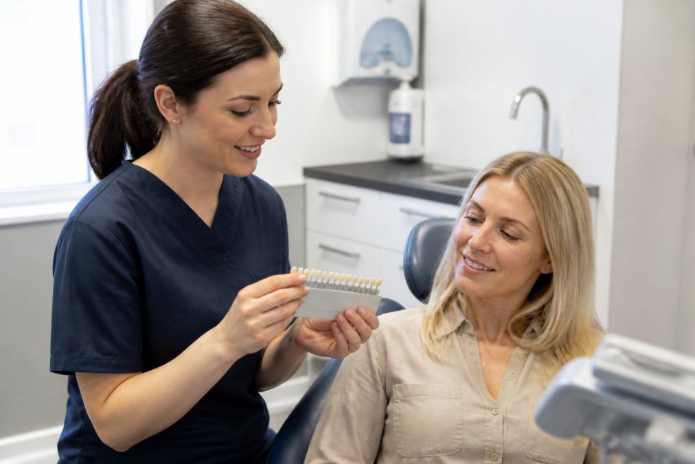 A dental professional in a modern treatment room showing a patient a shade guide, with a calm and reassuring atmosphere