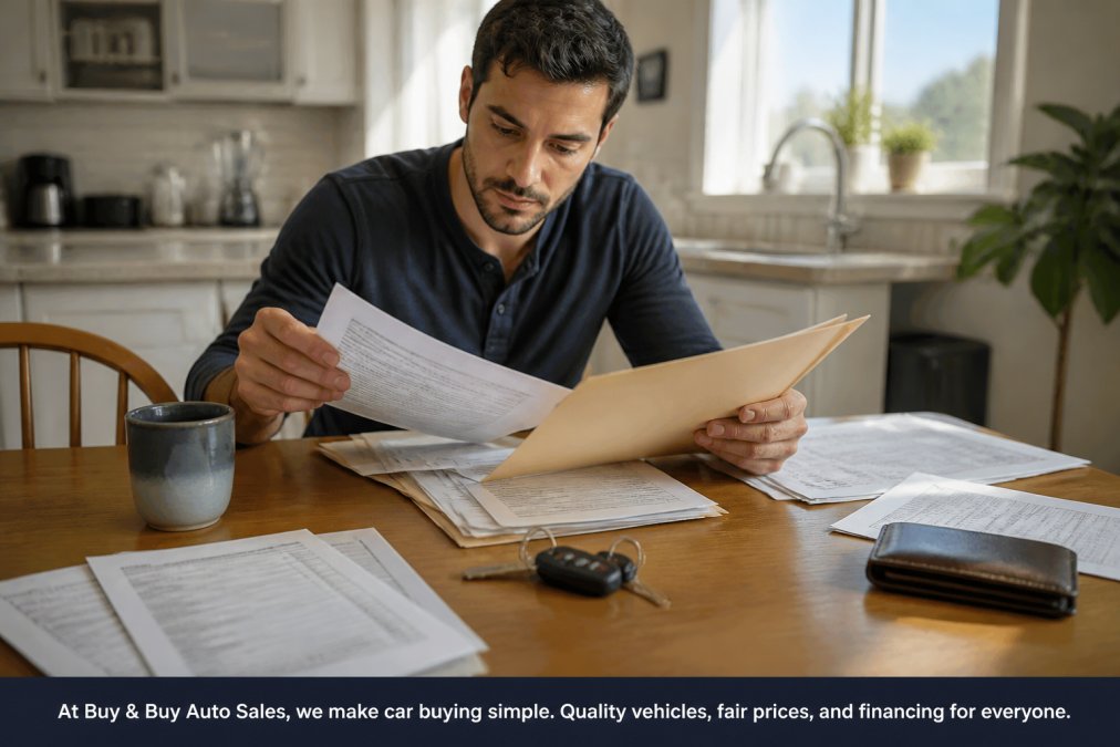 Checklist infographic illustrating the essential documents required for a smooth car buying process.