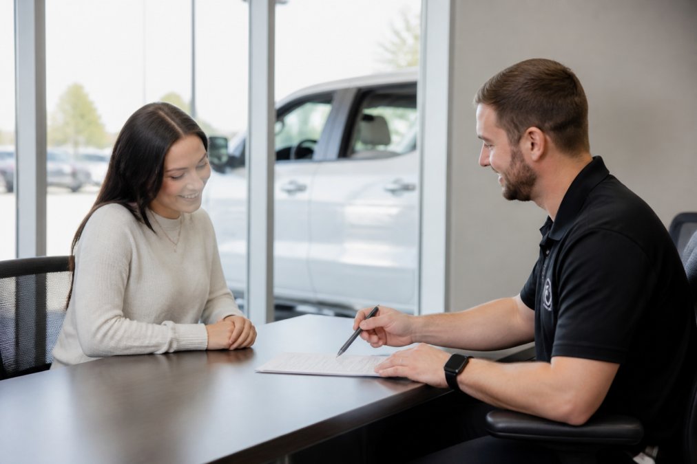Customer and salesperson reviewing paperwork during the car buying process at a bright dealership showroom