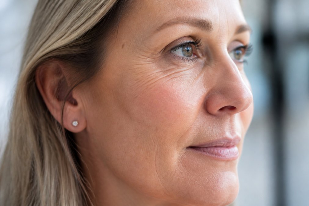 Close-up of woman's face showing skin texture and facial contours under natural lighting to highlight skin quality, elasticity, and fine lines