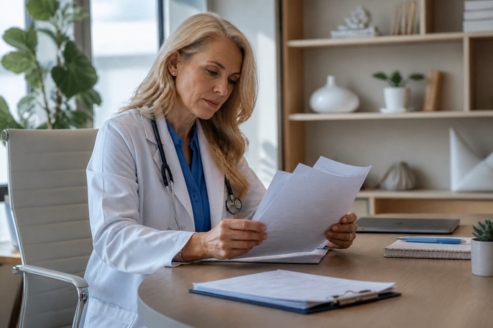 Healthcare provider reviewing patient records to discuss how long does tirzepatide stay in your system