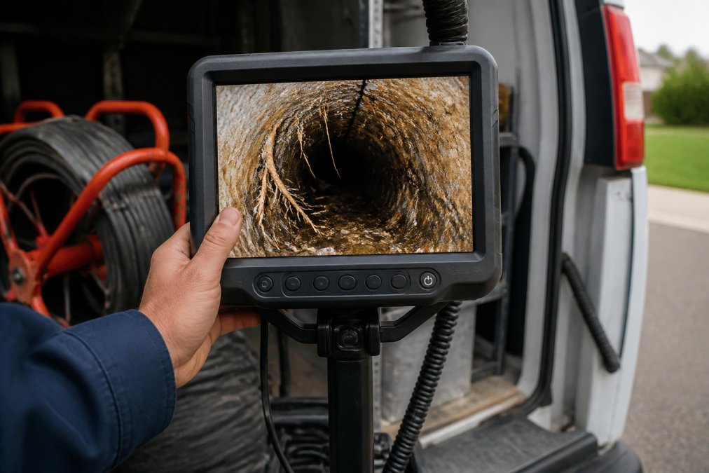 Close-up of a video camera inspection monitor showing the inside of a deteriorated clay sewer pipe with visible root intrusion and cracks, held by a plumber in a utility truck