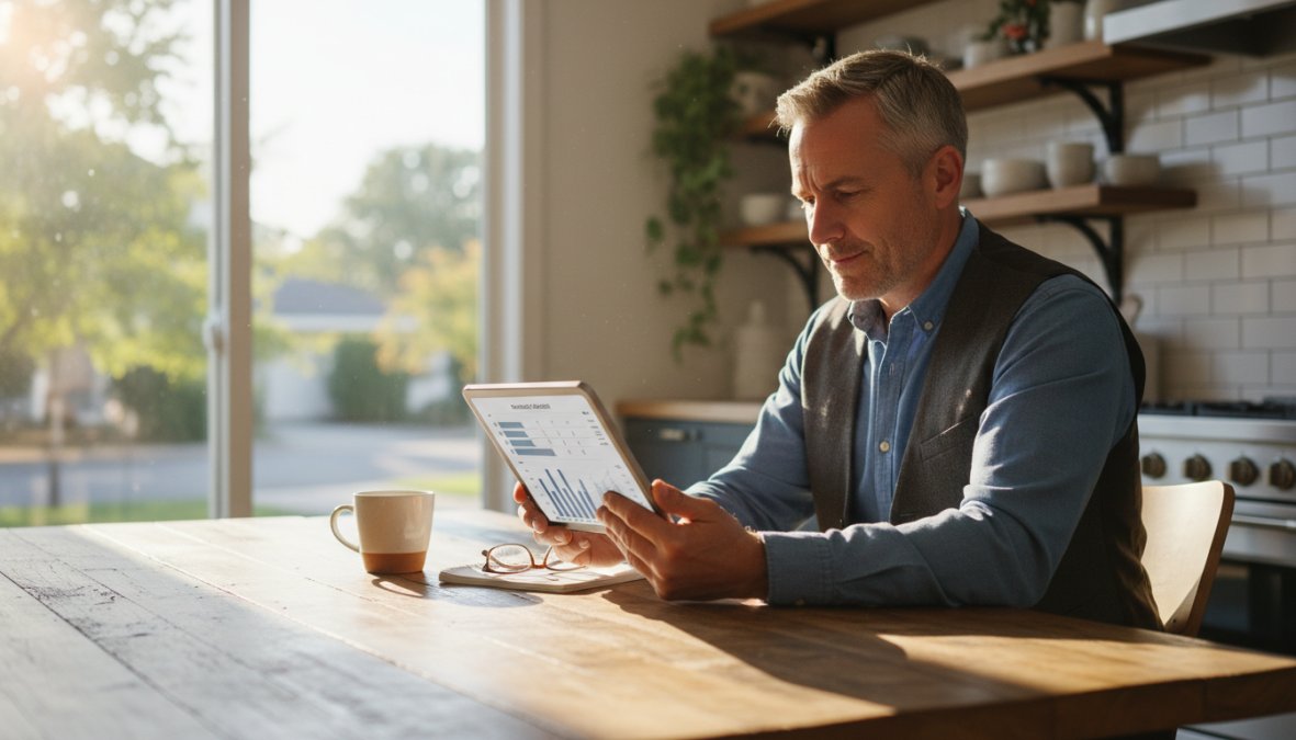 A man in his 40s sitting at a kitchen table reviewing lab results on a tablet, looking focused and engaged, with natural morning light coming through a window
