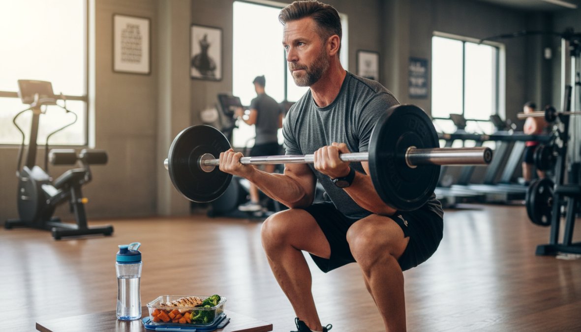 A middle-aged man lifting weights in a well-lit gym, focused expression, wearing athletic gear, with a water bottle and healthy meal prep container visible nearby