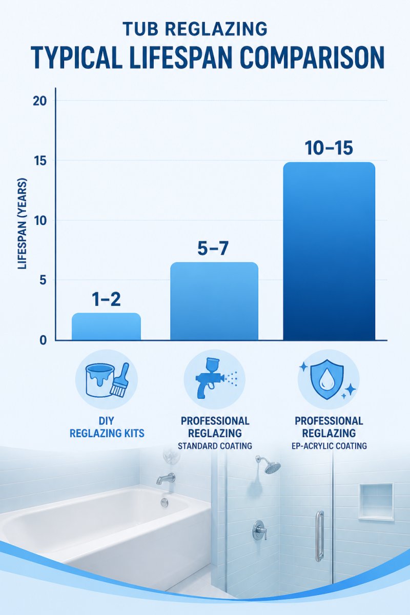 Bar chart comparing typical lifespan ranges: DIY reglazing kits 1-2 years, professional reglazing with standard coating 5-7 years, professional reglazing with EP-ACRYLIC coating 10-15 years
