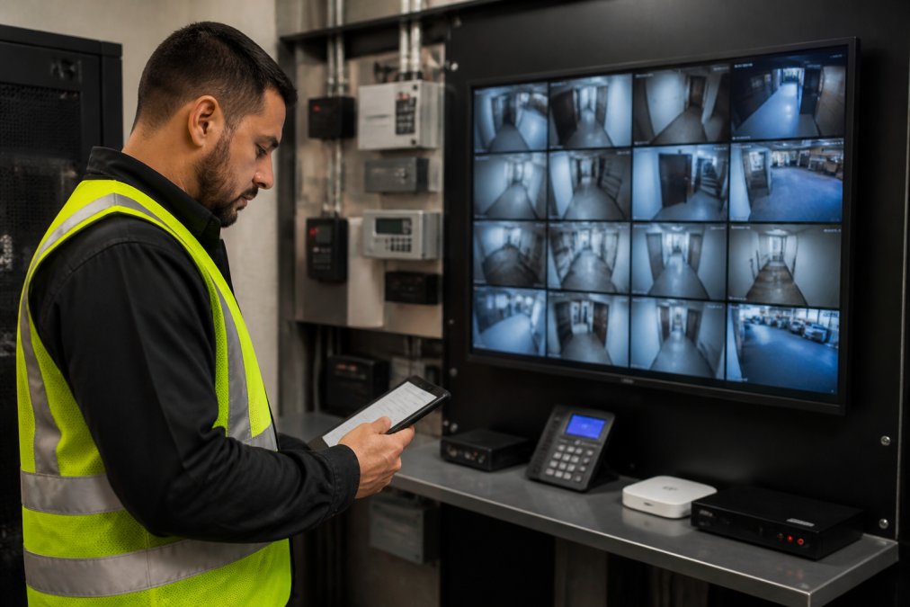 Technician using a tablet to manage unified security integration in a modern commercial control room