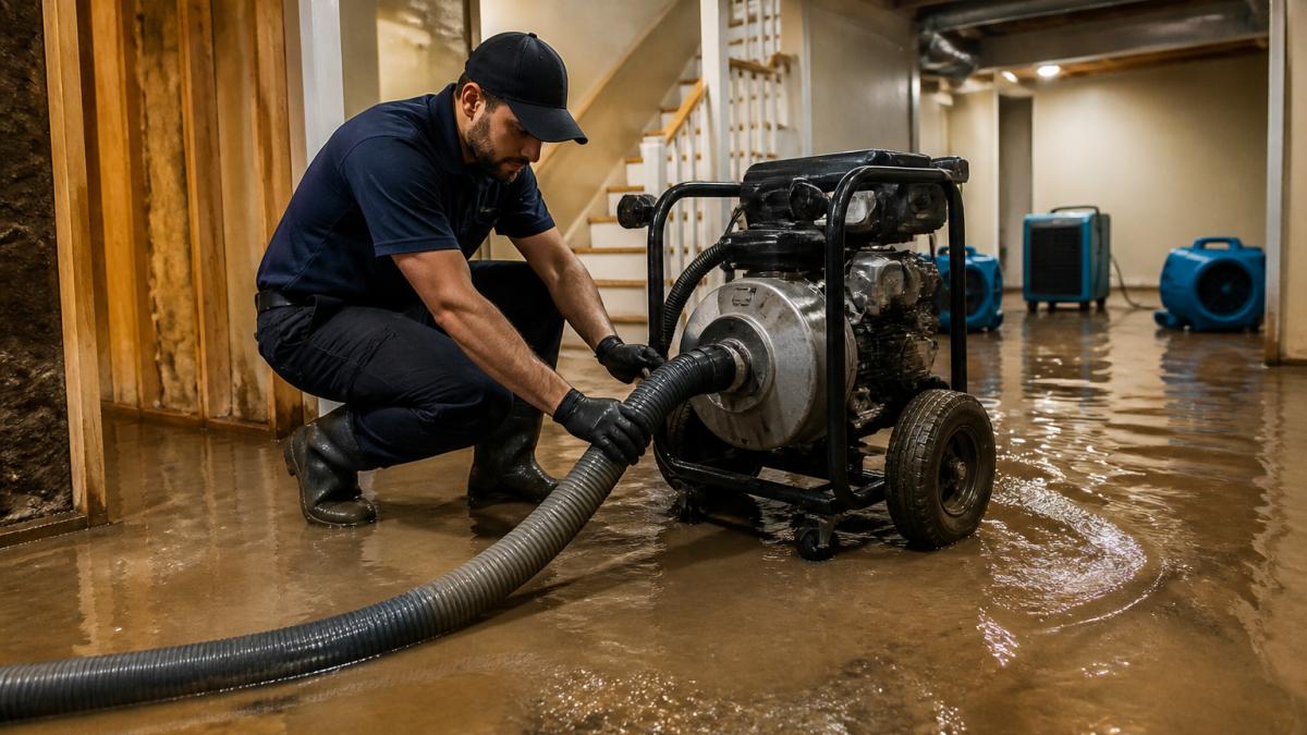 Professional technician operating a truck-mounted water extraction unit in a flooded residential basement, with air movers and dehumidifiers visible in the background