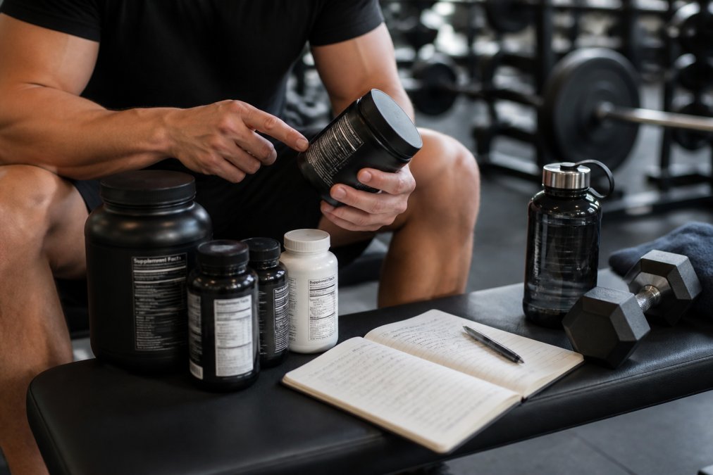 Close-up of supplement bottles with dosing instructions next to training log, water bottle, and dumbbells on gym bench with soft natural lighting