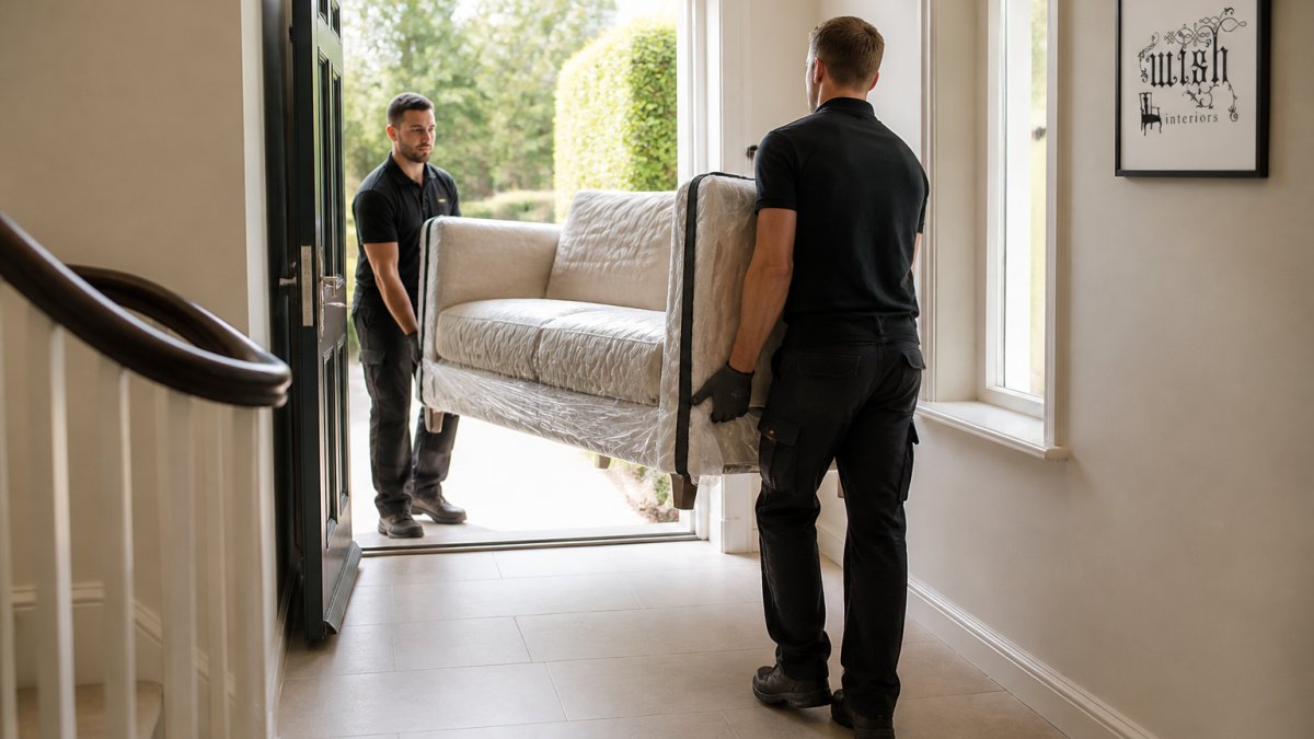 A two-person delivery team carefully carrying a large bespoke sofa through a home's front door, protective covers on the frame, a clear path cleared of furniture, soft daylight from the hallway window