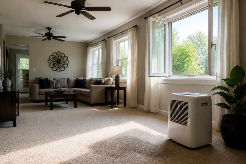 Bright living room with ceiling fans running, windows open for natural ventilation, and a portable dehumidifier positioned on the floor next to damp carpet with afternoon sunlight streaming in
