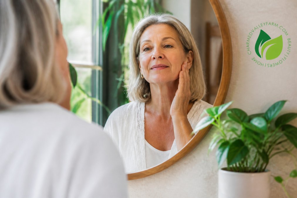 Woman in her 50s examining her face in a mirror with natural morning light, showing calm acceptance and reflection during a skincare routine