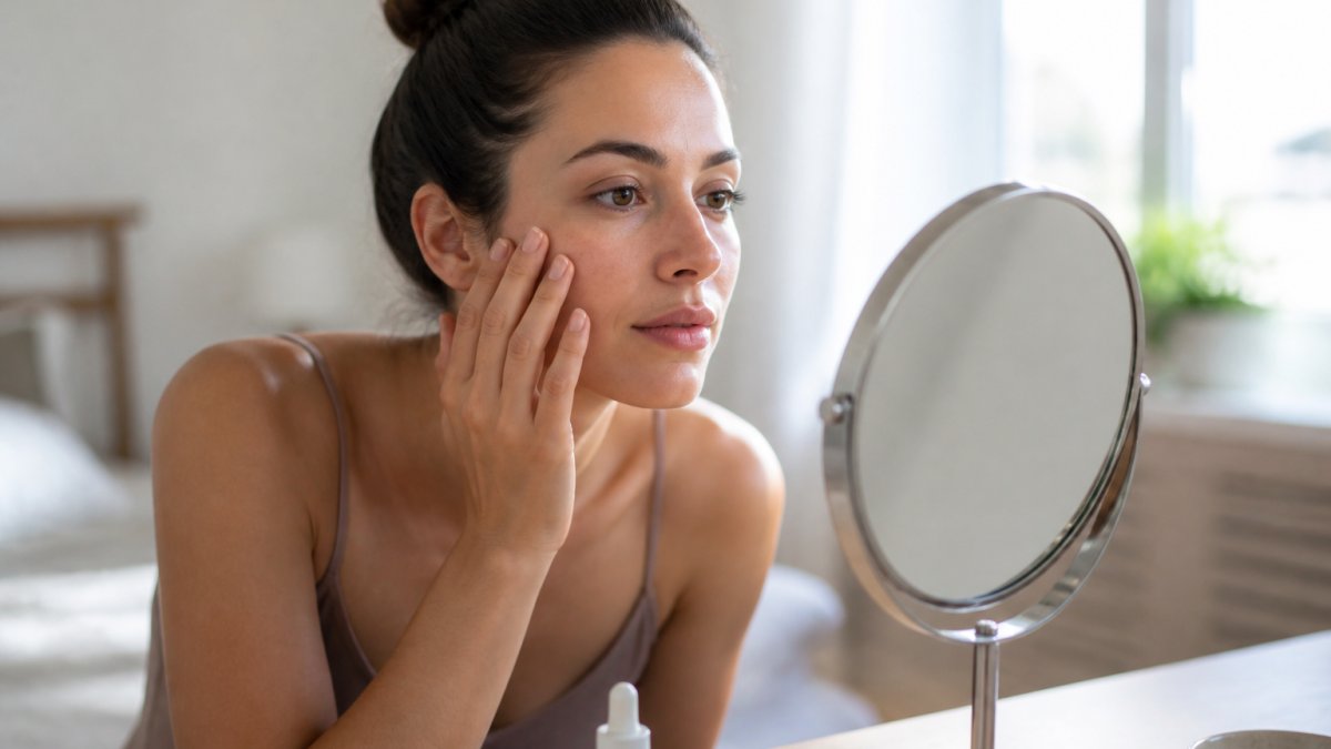 Woman examining her skin texture and hydration in a mirror under natural morning light