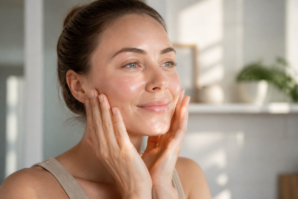 Close-up of a woman's face showing radiant, hydrated skin with visible firmness and a healthy glow, hands gently touching cheekbones in natural morning light