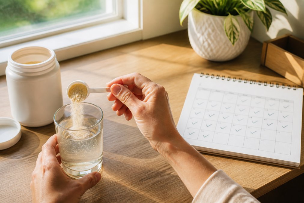 Overhead shot of a daily supplement routine with collagen powder being mixed into a glass of water, a calendar marked with checkmarks for consistency, and natural morning light streaming through a window
