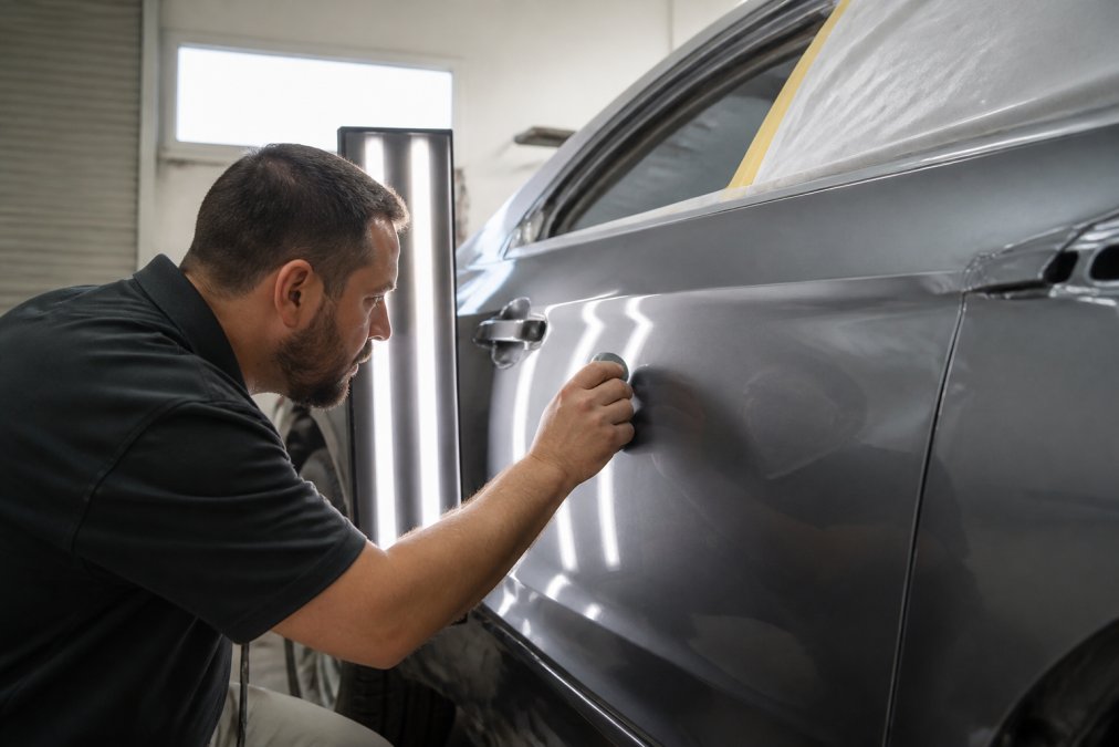 A professional technician in a clean, well-lit auto body shop carefully inspecting a car door panel for paint matching under bright work lights