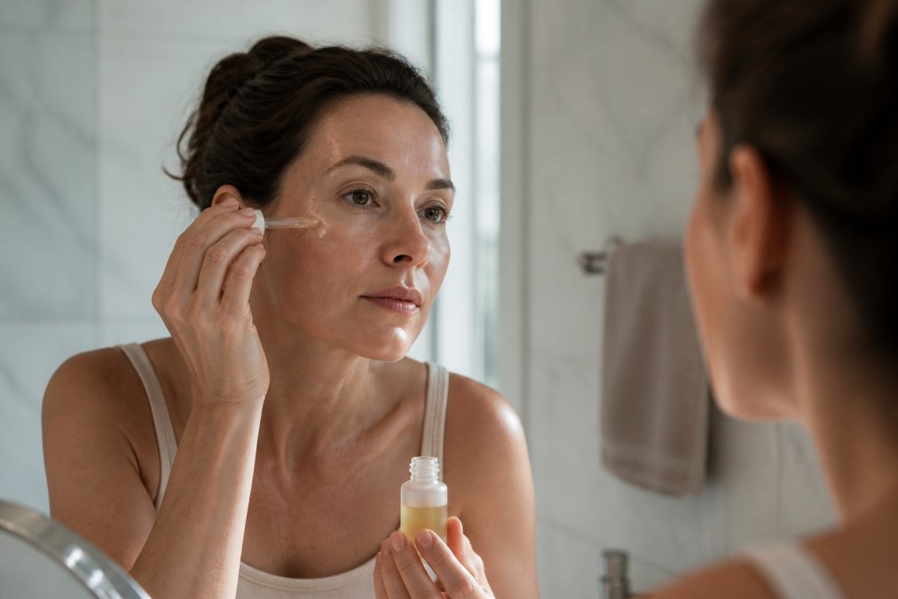 A woman in her forties applying a drop of serum to her cheek in front of a bathroom mirror, soft morning light, close-up on her hands and face, calm and focused expression