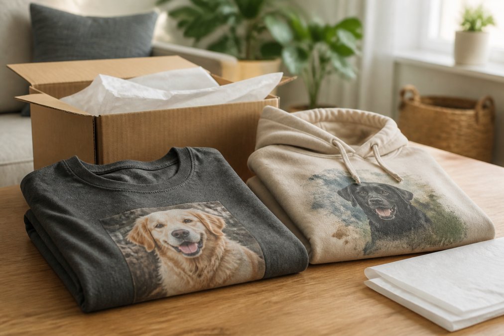A close-up of a folded custom-printed t-shirt and a hoodie on a wooden table, with a small parcel box and tissue paper nearby, styled in a bright home setting
