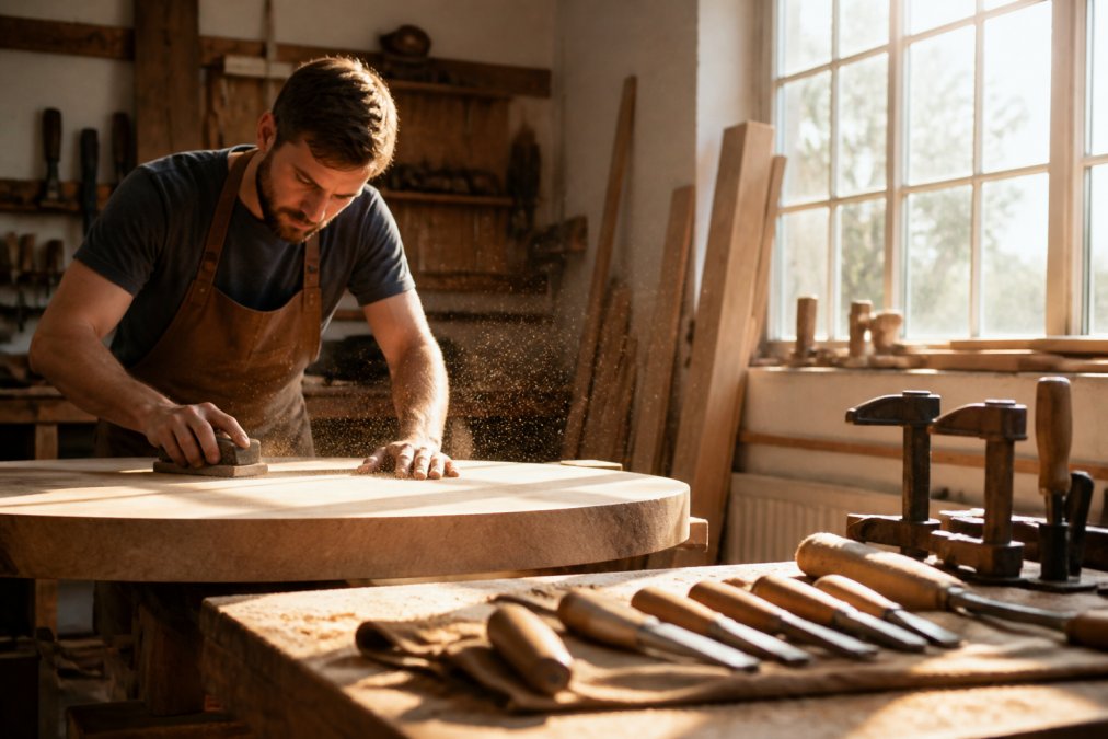 A craftsman in a UK workshop sanding a handmade wooden table top, fine sawdust catching the light from a large window, chisels and clamps arranged on a nearby bench
