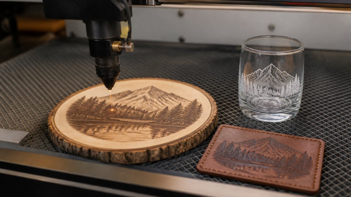 Close-up of a laser engraver head etching a detailed pattern into a wooden plaque, with a finished leather patch and a glass tumbler visible on the workbench nearby
