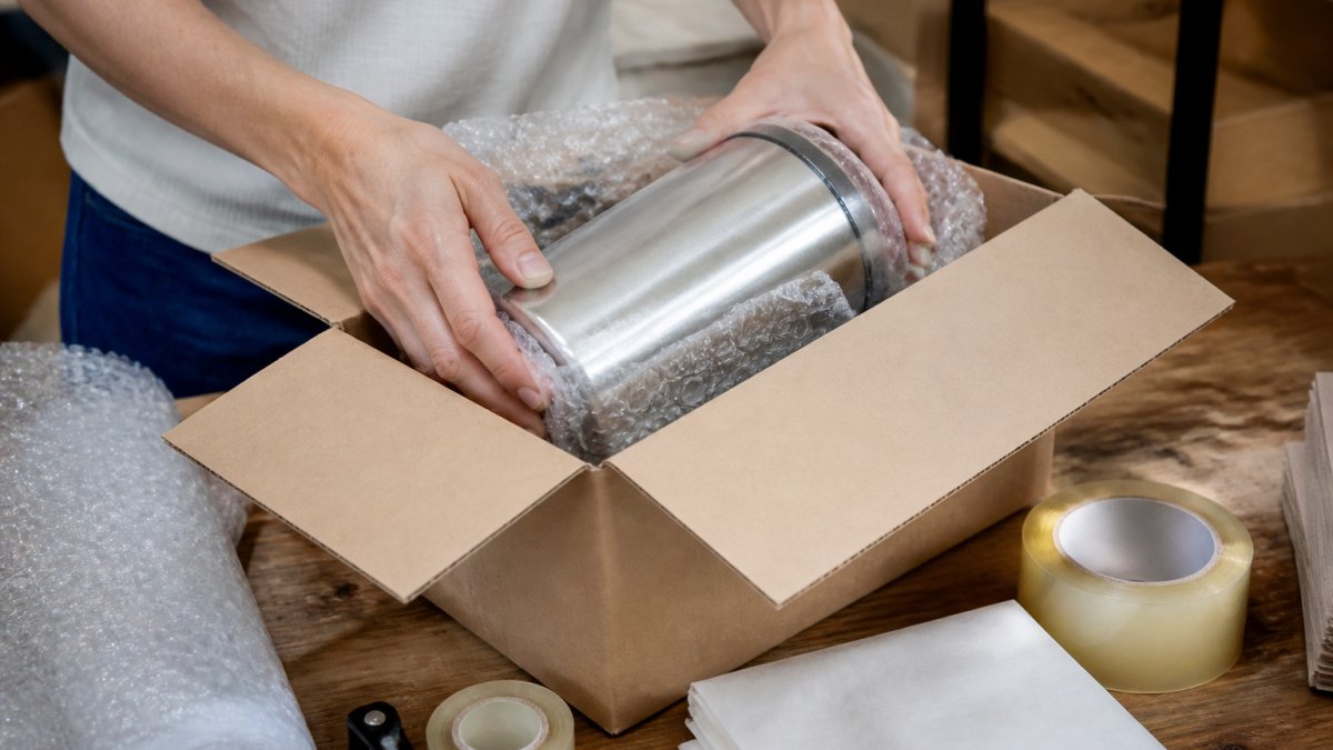 Person wrapping a stainless steel tumbler in bubble wrap inside a shipping box on a wooden workbench