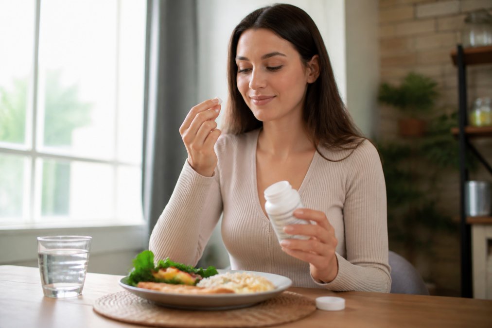 Person at a dining table holding a digestive enzyme supplement bottle next to a plate of food, about to take a dose before eating, with natural window lighting illuminating the scene