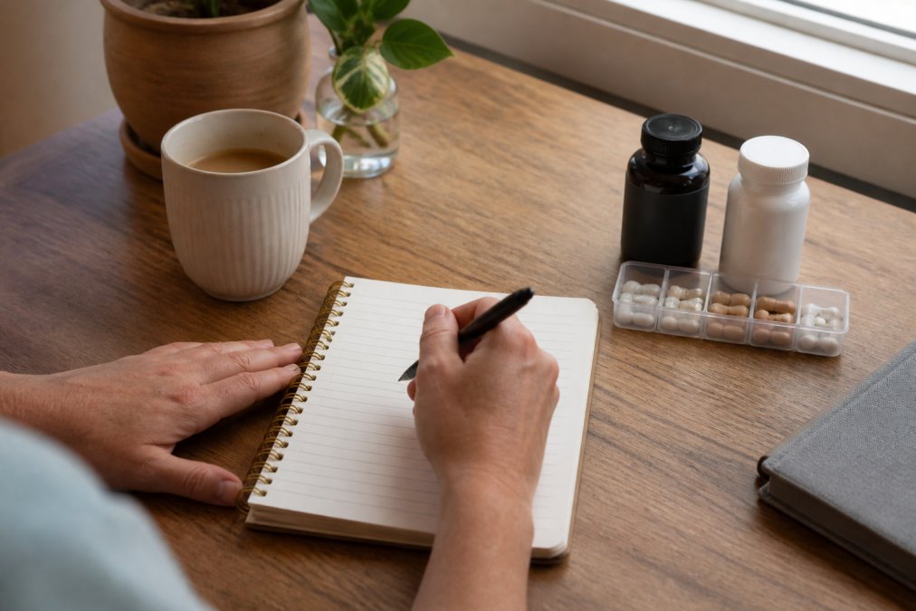 Person writing in a health journal with pen, tracking digestive symptoms and enzyme intake times on a lined notebook page at a desk with morning coffee nearby