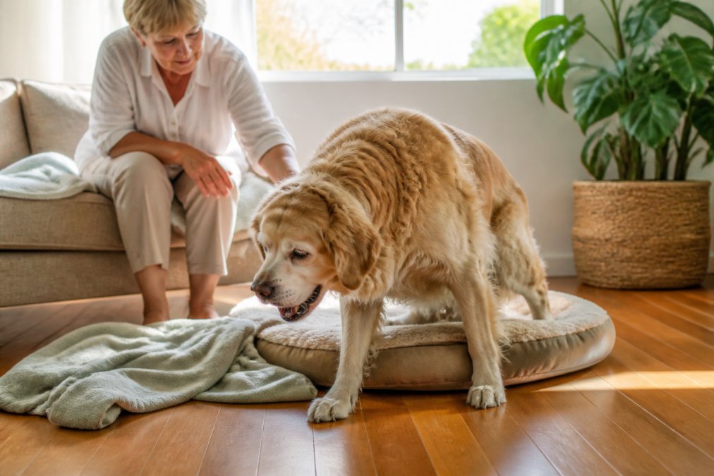 An elderly dog struggling to rise from a cushioned bed, requiring dog joint relief in a sunlit living room.