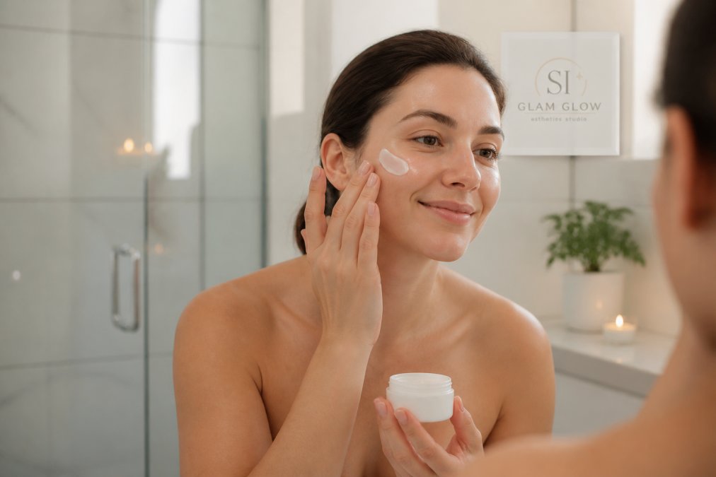 A person gently applying a light moisturizer to clean, glowing skin in a bright, calm bathroom setting after a facial treatment