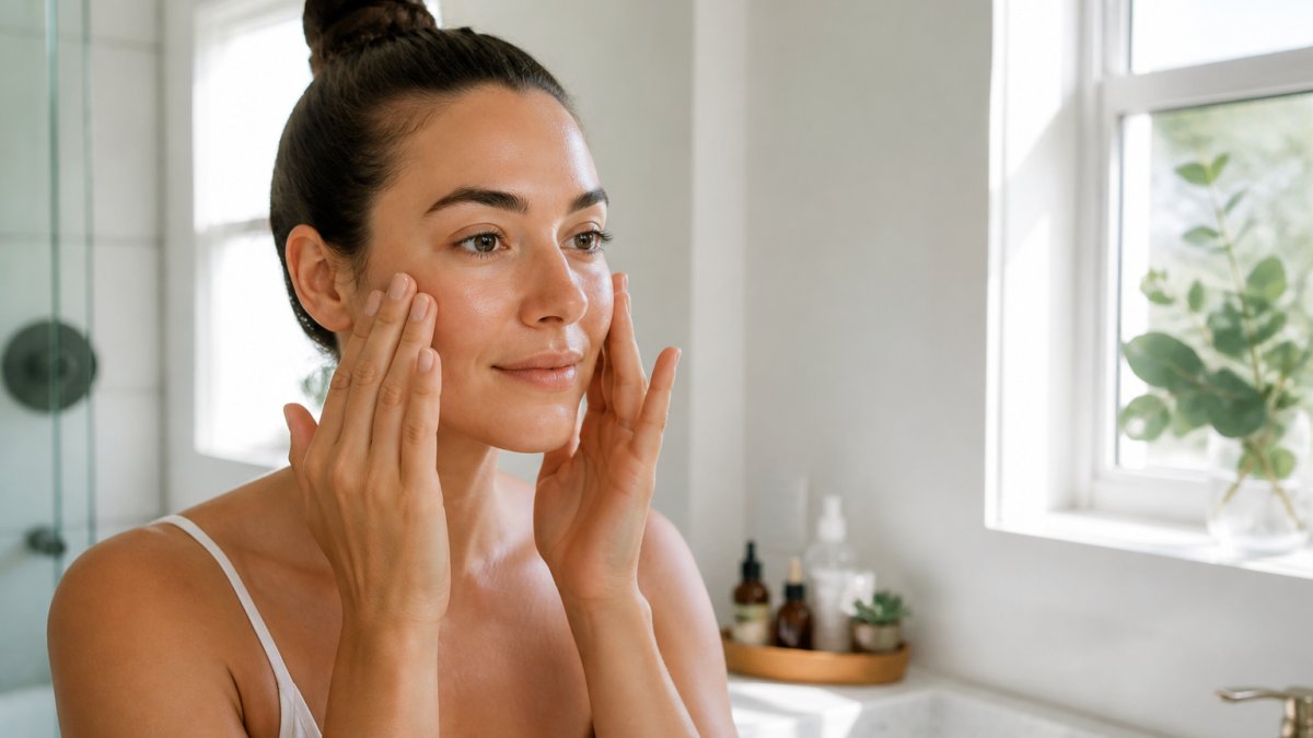 Woman in bright bathroom with natural morning light applying serum to clean face with fingertips, demonstrating proper gentle pressing technique on cheeks