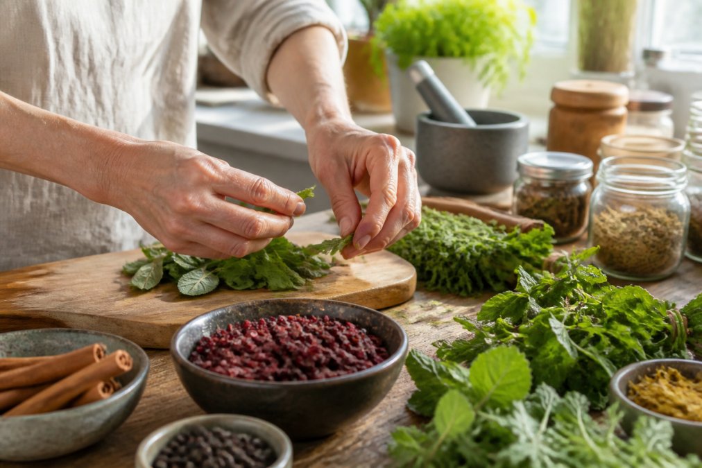 Close-up of hands preparing fresh herbs and ingredients for a natural remedy in a bright kitchen setting, with cinnamon sticks, dried berries, and fresh leaves arranged on a wooden surface with morning sunlight