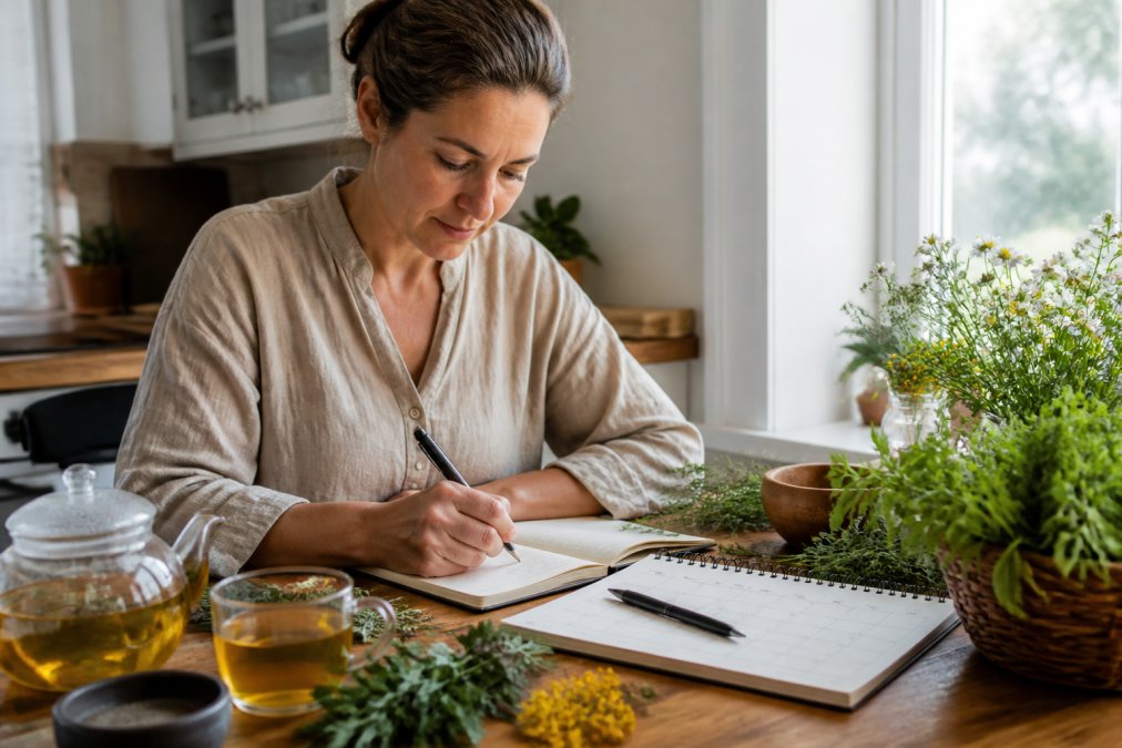 Person writing in a health journal at a kitchen table with fresh herbs and a cup of tea nearby, natural daylight streaming through the window, with a calendar and pen visible
