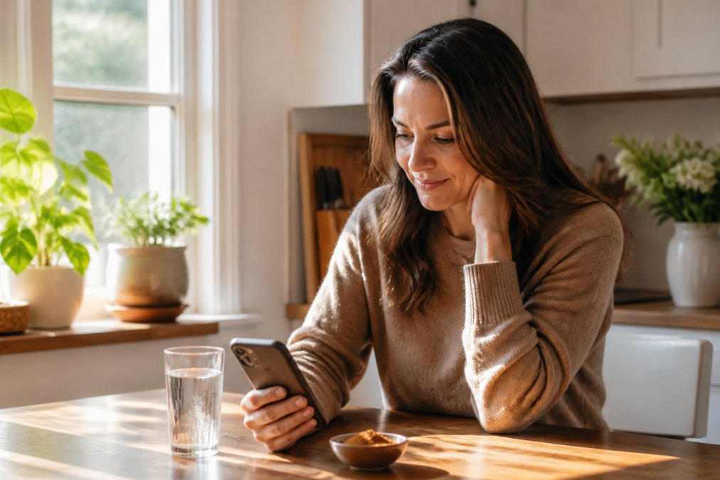 A woman in her 30s sitting at a kitchen table with a glass of water and a small bowl of powdered supplement, looking at a calendar on her phone, soft morning light through a window
