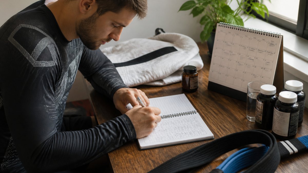 Combat athlete tracking daily health progress in a training log at a desk