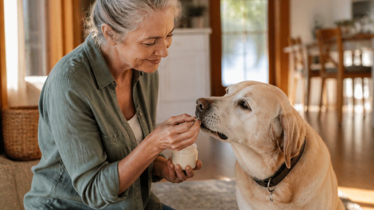 Senior dog receiving supplement as part of morning routine, with owner gently offering treat or supplement in warm home setting