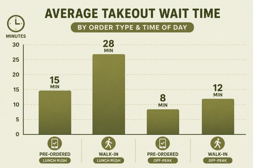 Bar chart comparing average takeout wait times by order type and time of day: pre-ordered lunch rush 15 min, walk-in lunch rush 28 min, pre-ordered off-peak 8 min, walk-in off-peak 12 min