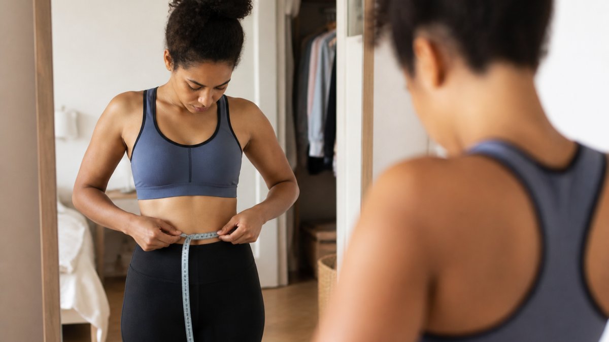 Person measuring waist circumference with a tape measure, standing in front of a mirror in natural lighting, showing a practical measurement technique