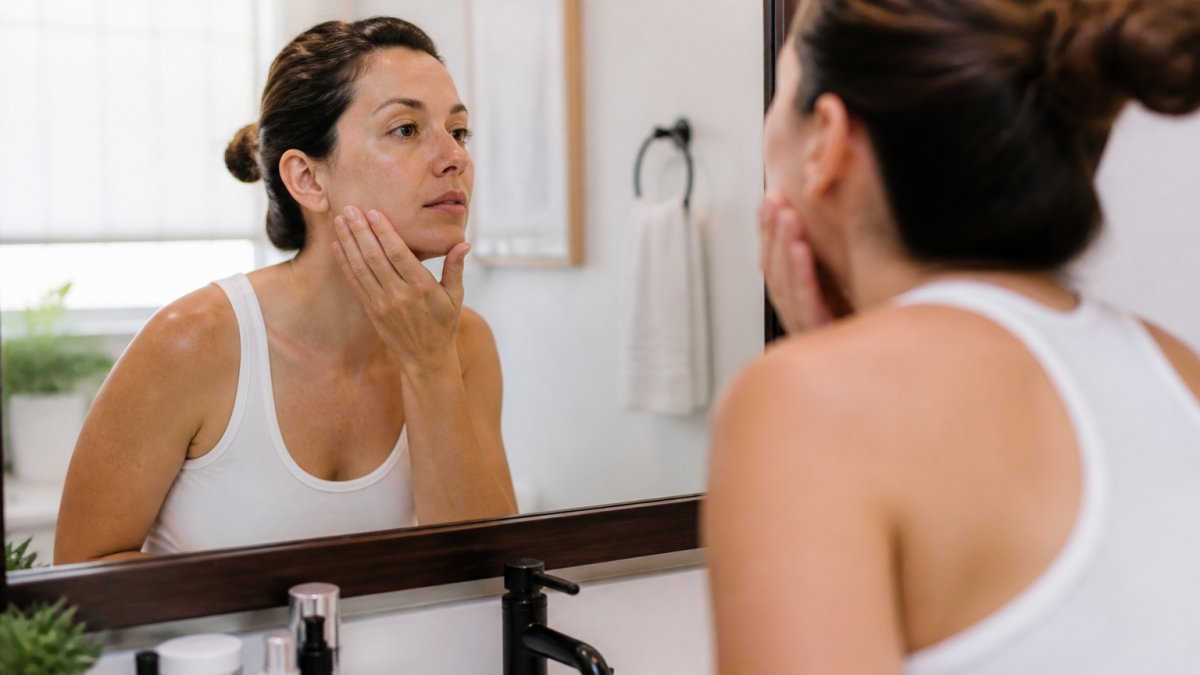 A woman in her 30s examining her skin in a bathroom mirror under soft natural light, a small skincare bottle on the counter beside her
