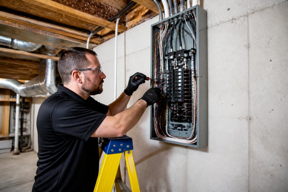 Professional electrician in safety glasses working on an open electrical panel with visible breakers and wiring, using tools while standing on a ladder in a residential basement