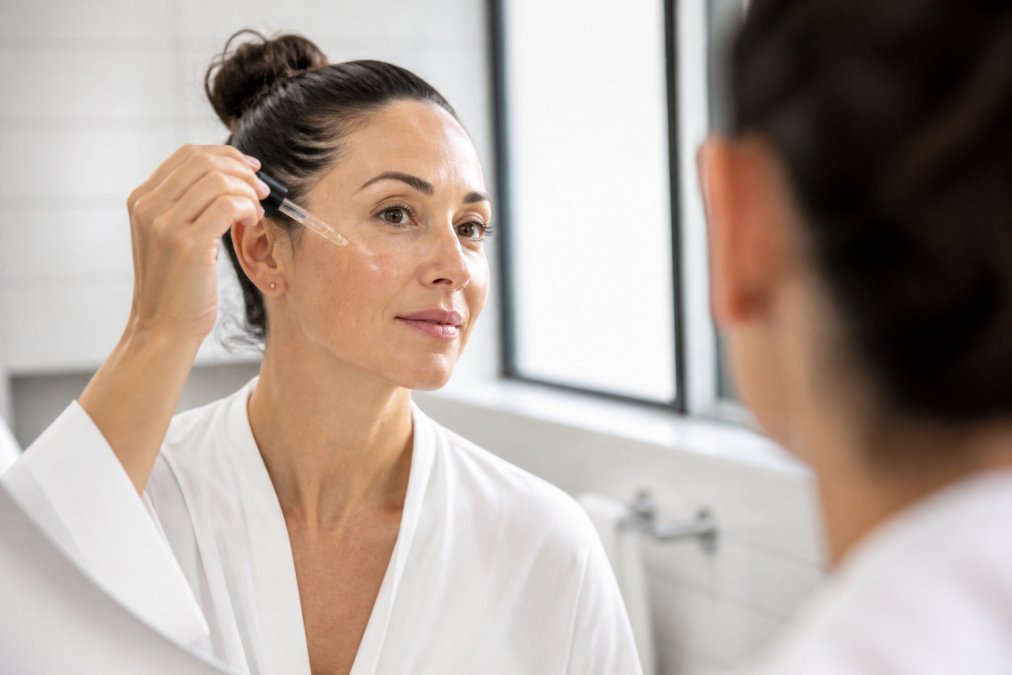 A woman in her late 30s gently pressing a small amount of serum from a glass dropper onto her cheek in front of a bright bathroom mirror, soft natural light catching the reflection