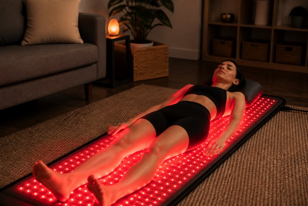A person relaxing on a full body red light therapy mat at home, eyes closed, with the mat emitting a soft red glow across their body in a dimly lit living room