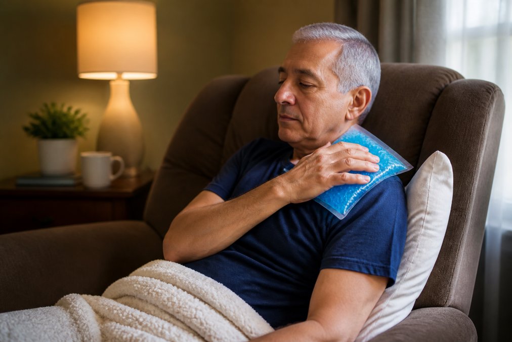 Patient resting comfortably at home after regenerative injection, applying ice pack to shoulder area with pillow support, sitting in reclined position with warm lighting