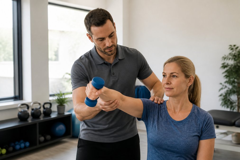Physical therapist demonstrating proper rehabilitation exercise technique with patient in modern clinical setting, patient performing guided shoulder movement with therapist's hands guiding motion, natural window lighting
