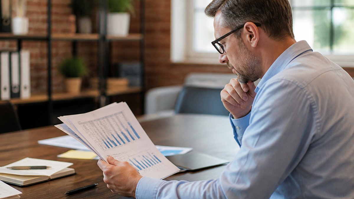 Small business owner reviewing a laptop screen showing positive seo results in a bright, modern office space