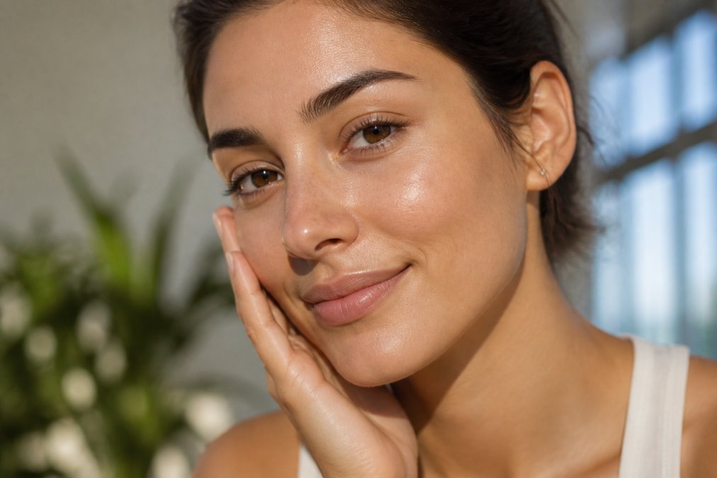 Close-up of a woman's face showing smooth, glowing skin with even tone and radiant texture, natural morning light illuminating healthy complexion