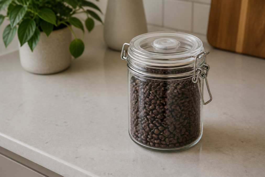 Glass airtight container with a one-way valve sitting on a kitchen counter away from direct sunlight and heat sources, showing whole bean coffee inside with a matte finish